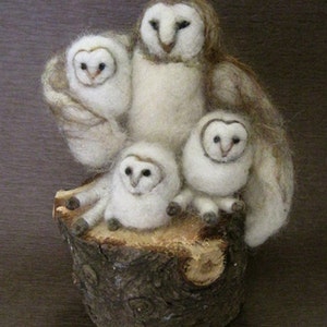 Barn Owl, felted toy, needle felted Owl, mother and babies, three little birds, Waldorf toy, design by Borbala Arvai,made to order