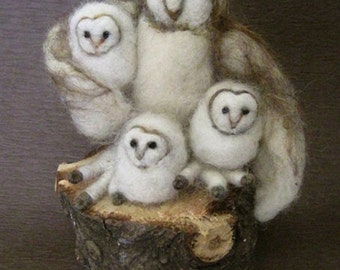 Barn Owl, felted toy, needle felted Owl, mother and babies, three little birds, Waldorf toy, design by Borbala Arvai,made to order