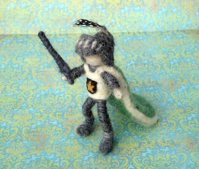 Needle Felted Posable Knight with flipping helmet, sword and cape, Original design by Borbala Arvai, made to order image 2
