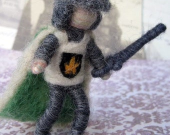 Needle Felted Posable Knight with flipping helmet, sword and cape, Original design by Borbala Arvai, made to order