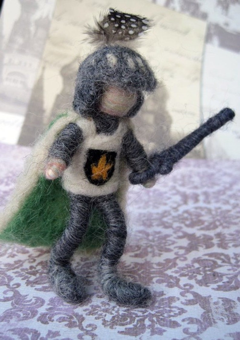 Needle Felted Posable Knight with flipping helmet, sword and cape, Original design by Borbala Arvai, made to order image 1