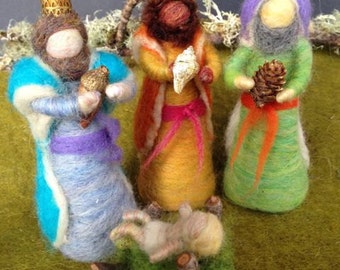 Needle Felted Standing Wise Men, Three Kings, Nativity Set, Waldorf Inspired, Christmas, Nature Table, Design by Borbala Arvai MADE TO ORDER