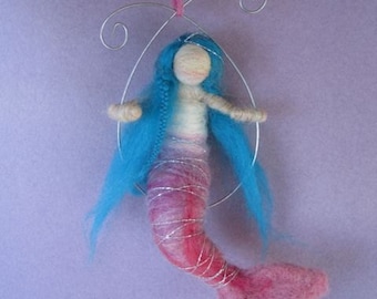 Needle felted mermaid on swing sea decoration ocean little mermaid Waldorf doll felted toy Original design by Borbala Arvai, Made to order