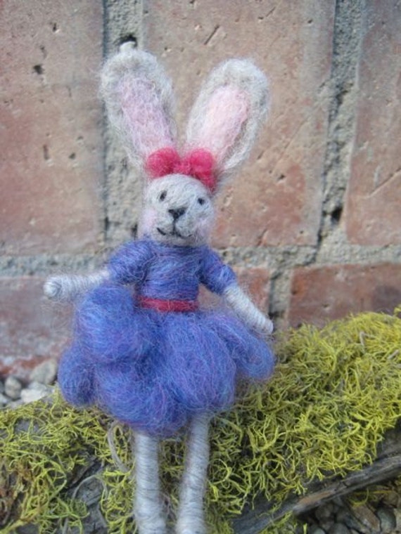 felt bunny in blue dress Needle Felted Animal, Bunny Girl, Waldorf Inspired, Spring Nature Table,  Easter, Felted Toy, Original Design by Borbala Arvai, MADE to Order