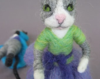 Needle Felted animal, Cat Girl, Waldorf toy, white gray cat, felted doll, needle felted kitten, decoration, posable toy, MADE to order