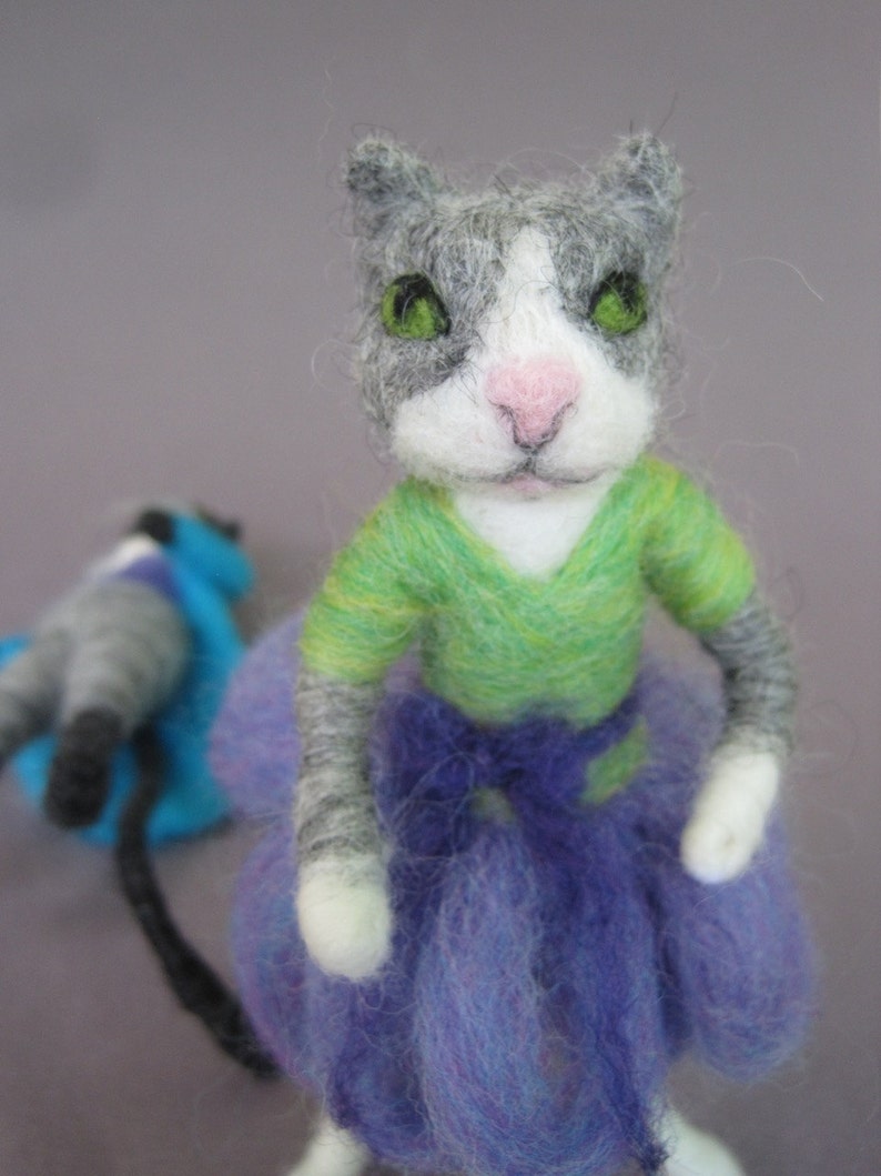 Needle Felted animal, Cat Girl, Waldorf toy, white gray cat, felted doll, needle felted kitten, decoration, posable toy, MADE to order image 1