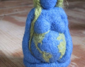 Mother Earth, Needle felted Gaia, Pregnant Mama, Maternity gift,  blue green 3 inch, Original design by Borbala Arvai, Made to order