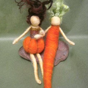 Needle Felted Carrot Girlwith curly hair, Original design by Borbala Arvai, READY to ship vegetable doll waldorf toy fall decoration image 3