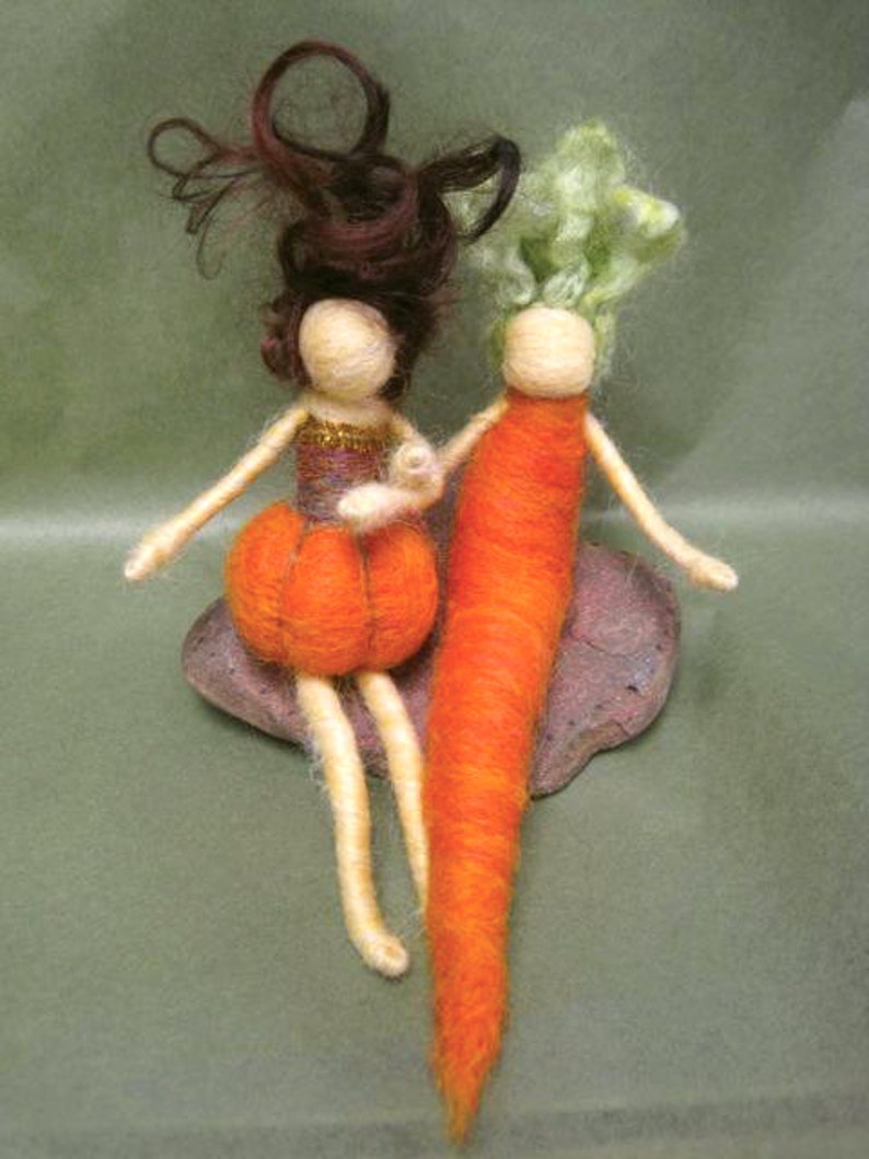 Needle Felted Carrot Girlwith curly hair, Original design by Borbala Arvai, READY to ship vegetable doll waldorf toy fall decoration image 3