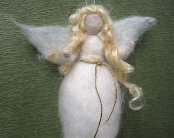 Needle Felted Angel, Angel Ornament, Waldorf Winter Fairy, Nativity Set, Winter Nature Table, Christmas, Blue, Blonde, Paper Wings and Bell