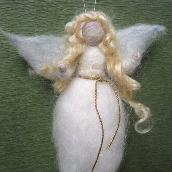 Needle Felted Angel, Angel Ornament, Waldorf Winter Fairy, Nativity Set, Winter Nature Table, Christmas, Blue, Blonde, Paper Wings and Bell