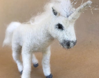 Needle Felted Animal Posable White Unicorn Toy Silver or Rainbow mane Original design by Borbala Arvai, made to order