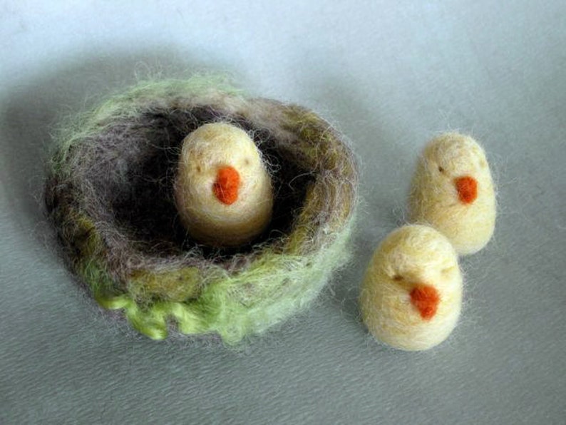 Needle felted animal, Three Bird Nest, little chicks, Spring decor, Waldorf Nature table, Felted toy, Original design by Borbala Arvai image 1