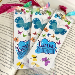 Motivational Bookmark Set: Rose Tassel, Silver Butterfly Charm, Glitter Ribbon and Glitter Design Pattern