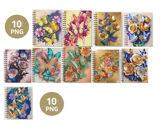 Paquete de imágenes PNG de portadas de cuadernos con estampado floral de mariposas de lujo, diseño elegante para cuadernos (descarga digital)