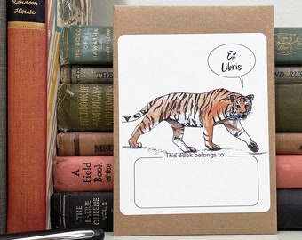 Tiger bookplate stickers. Walking tiger says "Ex Libris."  Blank or personalized. Set of 17 plus envelope in choice of colors.