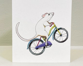 Rat note card, featuring a white rat on a rainbow colored bicycle. Small note card is blank inside for any occasion.