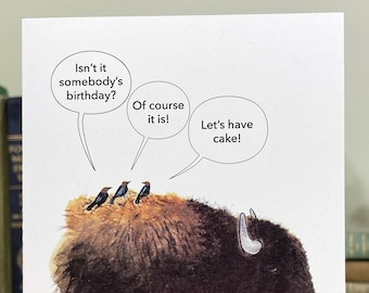 Funny birthday card with a bison and cowbirds. Office birthday. Coworker birthday. Happy birthday from a group.