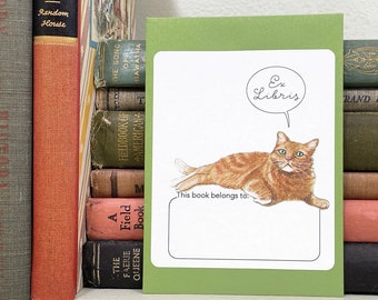 Cat bookplate stickers. Orange tabby cat says "Ex Libris."  Blank or personalized. Set of 17 plus envelope in choice of colors.