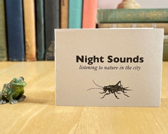 A mini zine about listening to nature on a summer night in the city, with black line drawings.