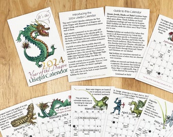 2024 mini card calendar at half price. Year of the Dragon calendar with illustrations, holidays, trivia. Sunday or Monday week start.