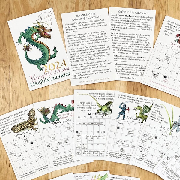 2024 mini card calendar at half price. Year of the Dragon calendar with illustrations, holidays, trivia. Sunday or Monday week start.