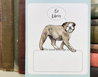 Dog bookplate stickers. Brindle bulldog says "Ex Libris" or "My Book!"  Blank or personalized. Set of 17 plus envelope in choice of colors.