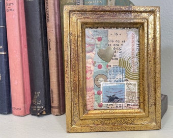 Mini original mixed media with vintage ephemera, Irish postage stamp, brass heart. Repurposed vintage frame. ACEO collage, ready to hang.