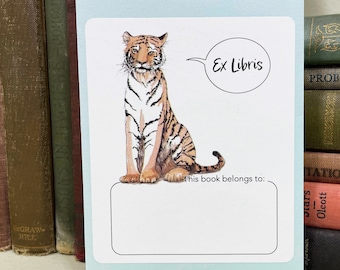 Tiger bookplate stickers. Friendly tiger says "Ex Libris" or "My Book!"  Blank or personalized. Set of 17 plus envelope in choice of colors.