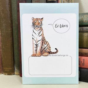 Tiger bookplate stickers. Friendly tiger says Ex Libris or My Book Blank or personalized. Set of 17 plus envelope in choice of colors. image 1