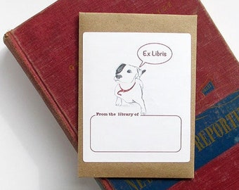 Dog book plate stickers. Cute pit bull says "Ex Libris."  Set of 17 plus envelope.