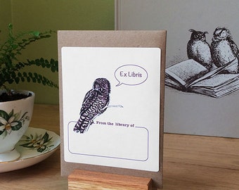 Ex Libris owl book plate stickers, set of 17 plus one on envelope. Personalized custom printing option. Gift bookplates.