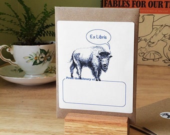 Bison says "Ex Libris" or choice of other messages. Or personalize it with your custom text. 17 book plate stickers plus envelope.