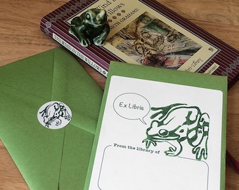 Frog bookplate stickers for children and other readers. Set of 17 plus envelope. Option to personalize them.