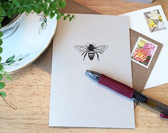 Honeybee natural history small notecard. Save the bees! Eco-friendly card for saying Hello or thank you by snail mail. Bee facts on back.
