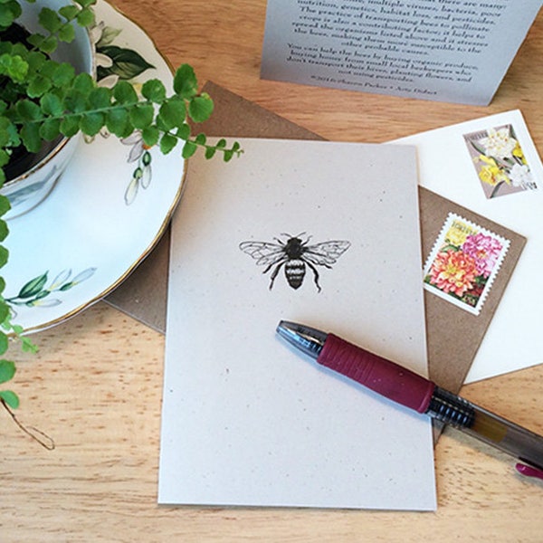 Honeybee natural history small notecard. Save the bees! Eco-friendly card for saying Hello or thank you by snail mail. Bee facts on back.