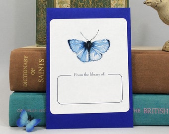 Book plate stickers with blue butterfly. 17 bookplates plus one on envelope. Can be personalized with name and custom text, or remove text.