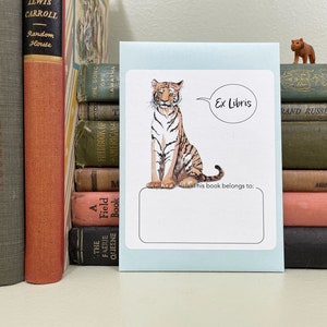 Tiger bookplate stickers. Friendly tiger says Ex Libris or My Book Blank or personalized. Set of 17 plus envelope in choice of colors. image 2