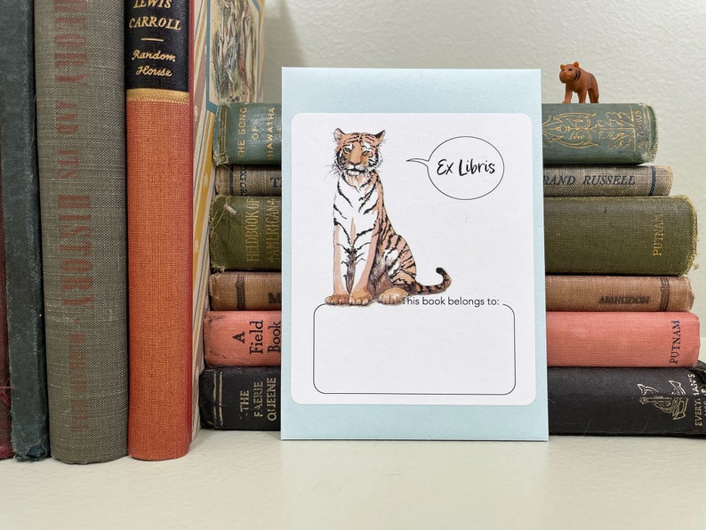 Tiger bookplate stickers. Friendly tiger says Ex Libris or My Book Blank or personalized. Set of 17 plus envelope in choice of colors. image 2