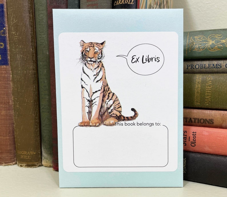 Tiger bookplate stickers. Friendly tiger says Ex Libris or My Book Blank or personalized. Set of 17 plus envelope in choice of colors. image 1