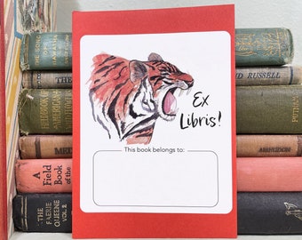 Tiger bookplate stickers. Roaring tiger shouts "Ex Libris!"  Blank or personalized. Set of 17 plus envelope in choice of colors.