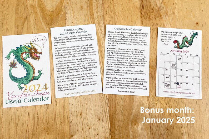 2024 mini card calendar at half price. Year of the Dragon calendar with illustrations, holidays, trivia. Sunday or Monday week start. image 4