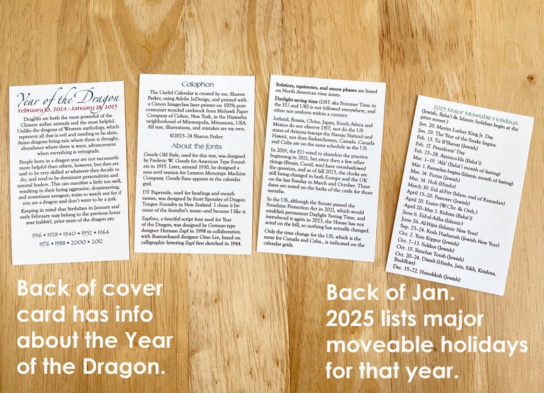 2024 mini card calendar at half price. Year of the Dragon calendar with illustrations, holidays, trivia. Sunday or Monday week start. image 5