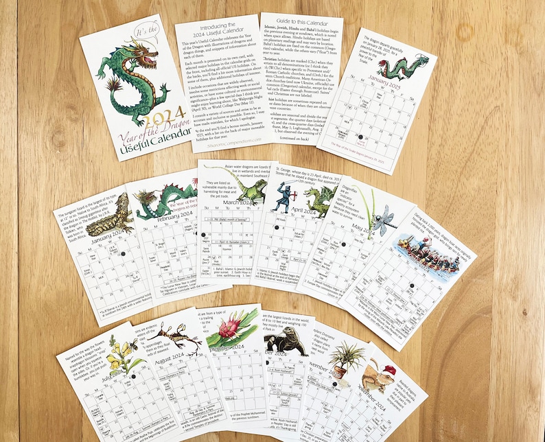 2024 mini card calendar at half price. Year of the Dragon calendar with illustrations, holidays, trivia. Sunday or Monday week start. image 1