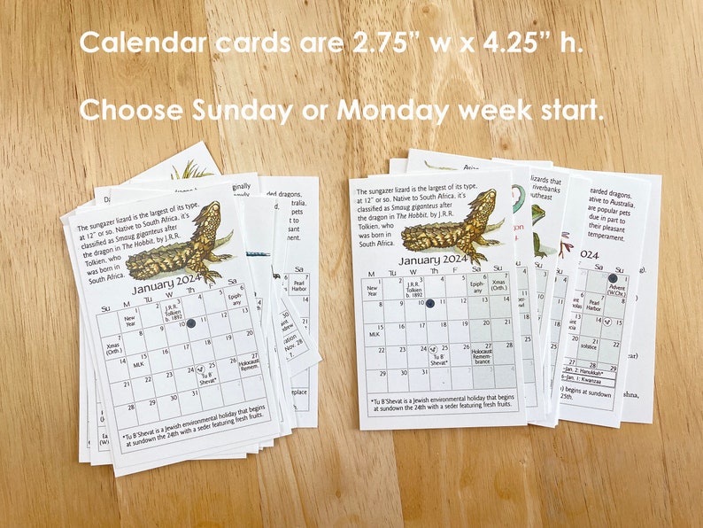 2024 mini card calendar at half price. Year of the Dragon calendar with illustrations, holidays, trivia. Sunday or Monday week start. image 6