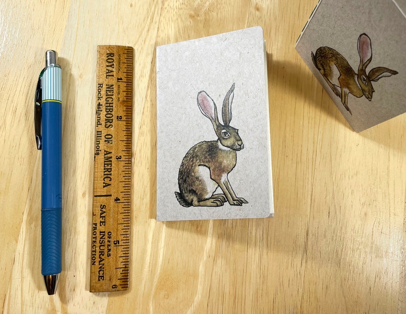 Mini notebook with jackrabbit on cover, pocket in back, and 48 lightly gridded pages. All recycled. Hand sewn with linen thread. image 8