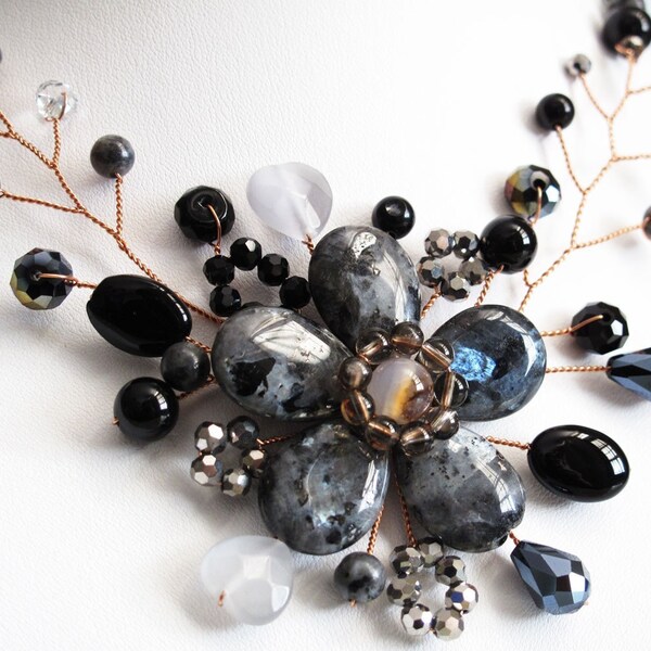 Black granite Flower choker necklace with gemstones handcrafted LN95