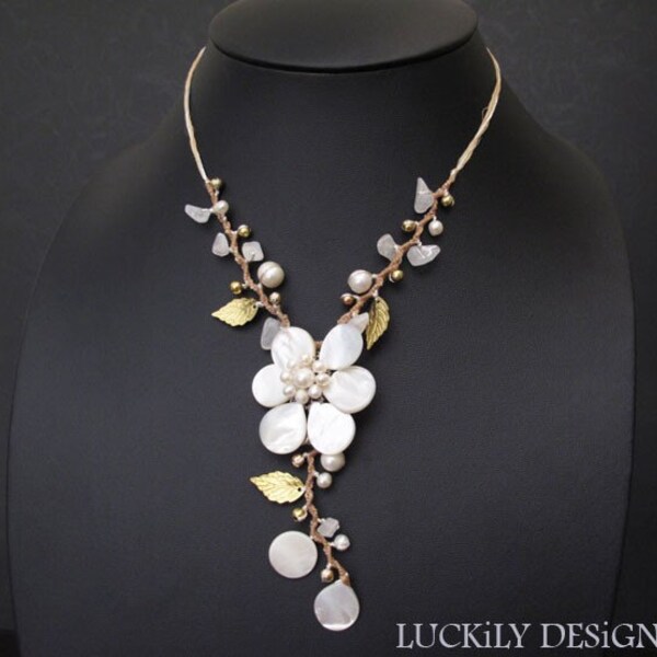 Natural White Moonstone and Mother of pearl with shell Necklace with silver Silk Thread Hand Made LN2