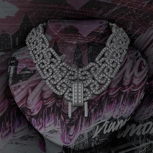 May include: A diamond necklace displayed on a bust, set against a backdrop of a cityscape and abstract purple and white designs. The necklace features a detailed, ornate design with numerous small, sparkling stones.