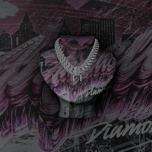 May include: A silver-colored necklace with a pendant is displayed on a bust. The background features a cityscape with a pink and black color scheme, and the word "Diamonds" is visible.